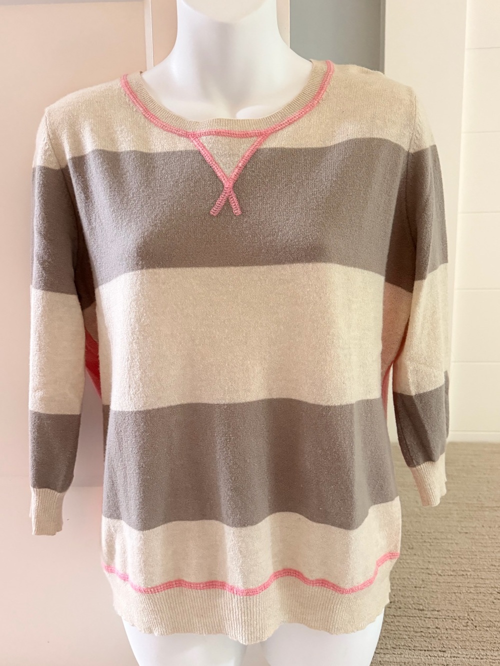AUTUMN CASHMERE Darling Neutral Stripe Contrast Peony Back Rugby Sweater M RARE!